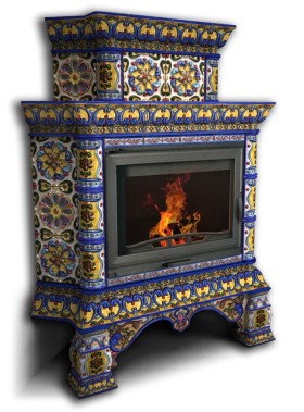 Печь-камин КОСТРОМА угловой двухъярусный (цвет изразцов роспись Январь) КИМРпечь       