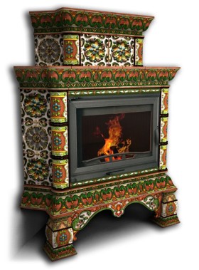 Печь-камин КОСТРОМА угловой двухъярусный (цвет изразцов роспись Июль) КИМРпечь            
