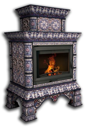Печь-камин КОСТРОМА центральный двухъярусный (цвет изразцов роспись Март) КИМРпечь                      