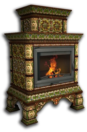 Печь-камин КОСТРОМА центральный двухъярусный (цвет изразцов роспись Июнь) КИМРпечь                         