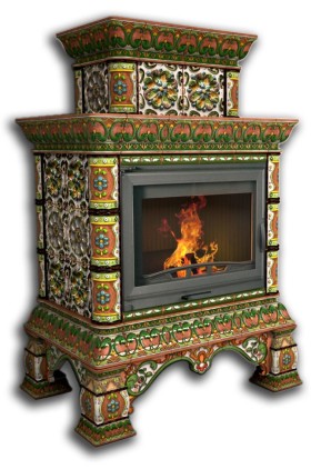 Печь-камин КОСТРОМА центральный двухъярусный (цвет изразцов роспись Июль) КИМРпечь                          
