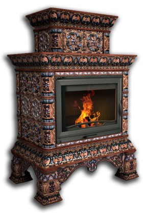 Печь-камин КОСТРОМА центральный двухъярусный (цвет изразцов роспись Декабрь) КИМРпечь                               